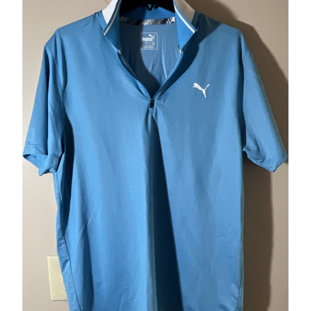 PUMA Golf 1/4 Zip Blue Short Sleeve Collared Polo Shirt Men's L